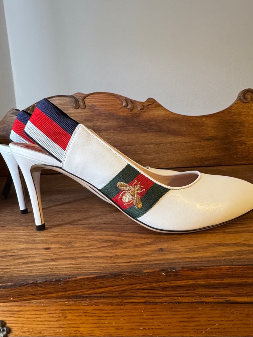Gucci White Leather Slingback Pumps with Red and Blue Web - Picture 5 of 5